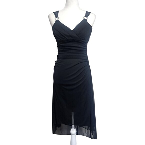 Trixxi Dresses & Skirts - Vintage Trixxi Black Sleeveless Ruched Dress With Rhinestone Ring Strap Detail S
